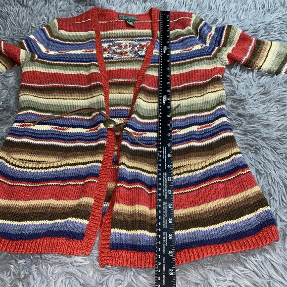 Lauren Ralph Lauren Women M Handknit Linen Blend Cardigan Southwest Stripe Aztec - Picture 4 of 6